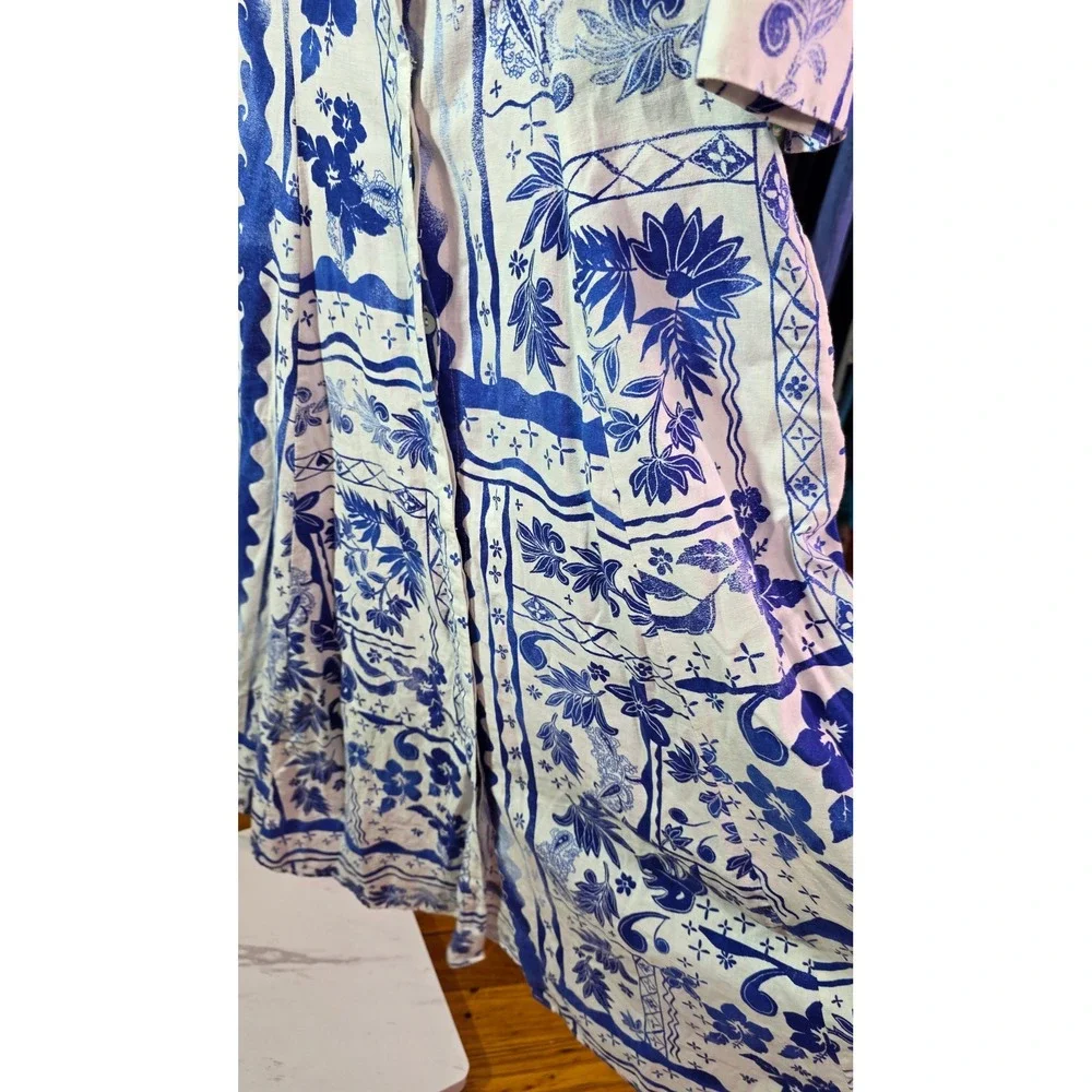 Joie Blue White Linen Rayon Floral Batik Midi Shirt Dress Small - Picture 7 of 11